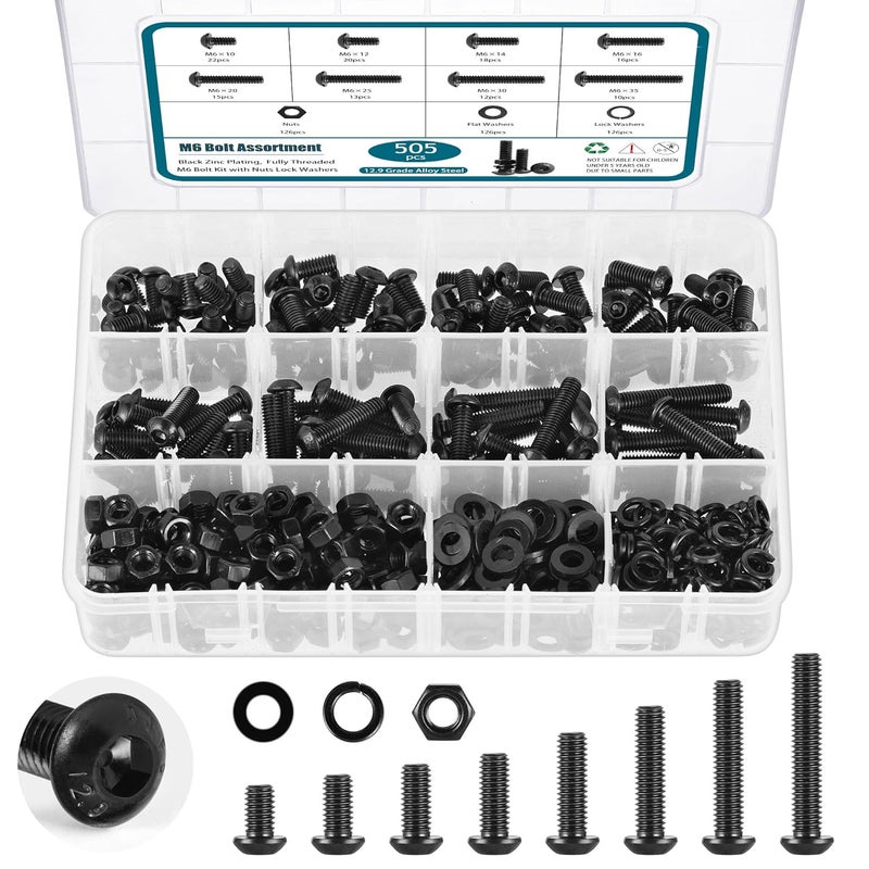 SATANTECH 505Pcs Metric M6 Bolt Assortment 10/12/14/16/20/25/30/35mm Button Head Hex Socket Cap Screws Bolts Nuts Washers Assortment Kit, 12.9 Grade Alloy Steel Black Galvanized, Fully Threaded - Image 1